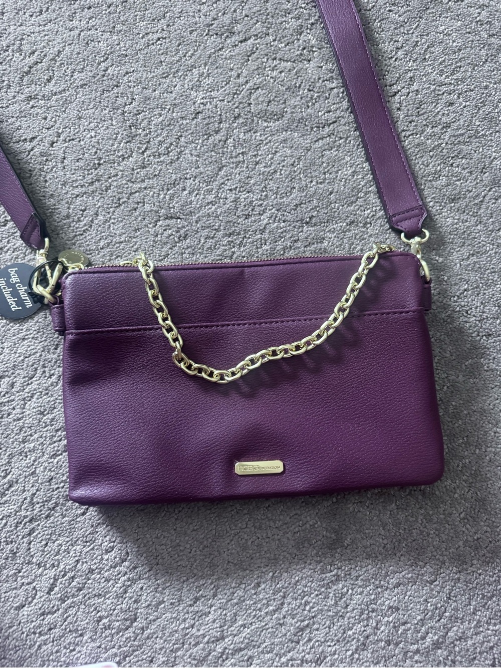 Nine West Plum Pebbled Leather Crossbody with Gold Chain